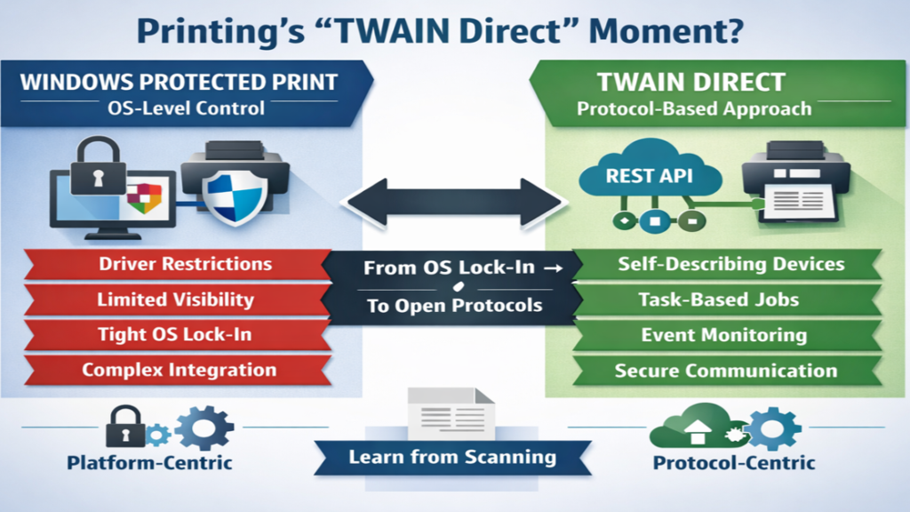 The Analogy: Printing Needs Its “TWAIN Direct Moment” Windows Protected Print is trying to solve security by tightening control at the OS level. But TWAIN Direct shows us a different path